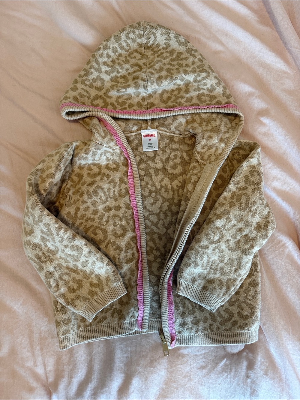 Gymboree Beige Leopard Print Hooded Sweater with Pink Trim